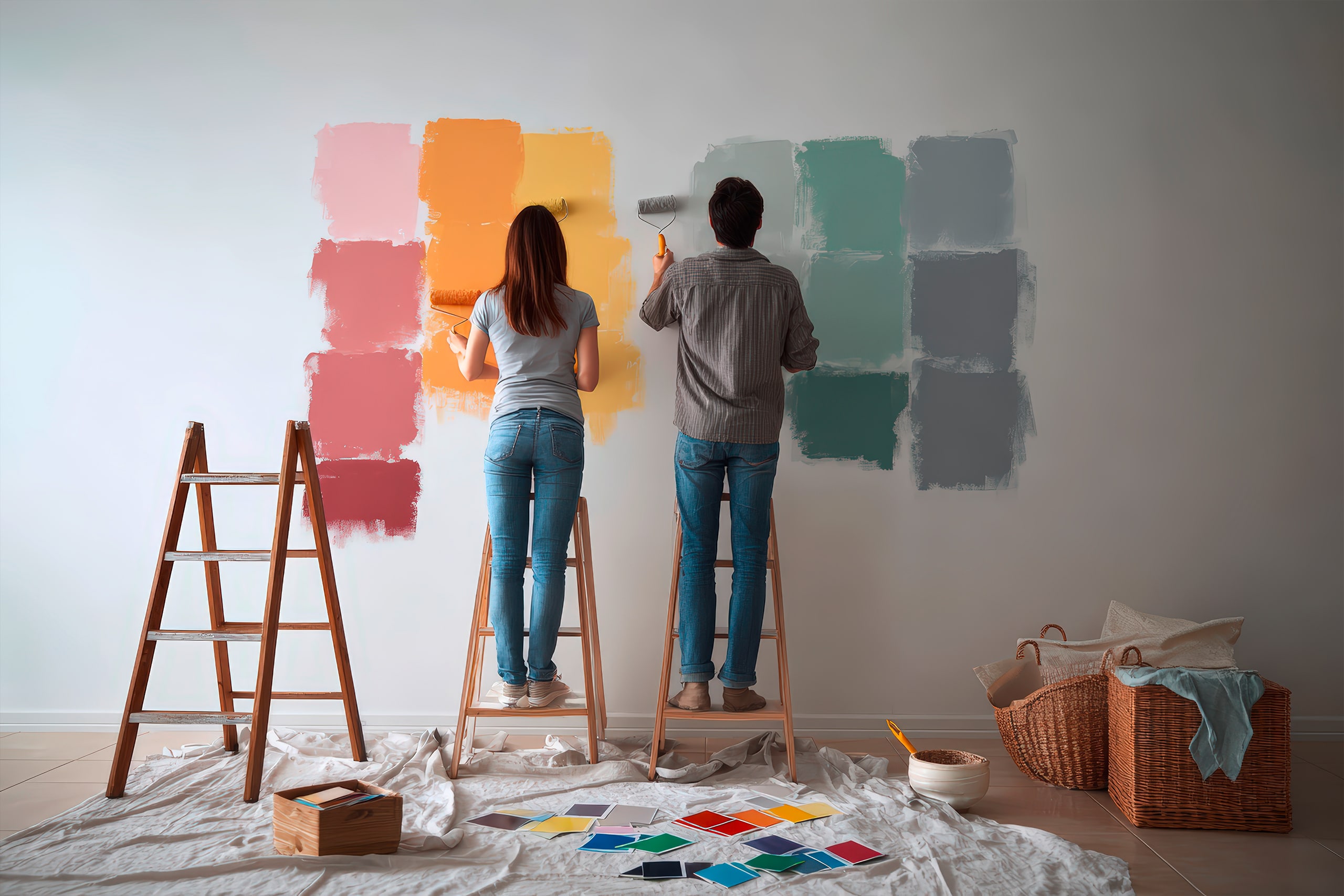 Paar streicht eine Wand mit farbigen Mustern – Konzept für gemeinschaftliche Renovierung und DIY-Innenraumgestaltung mit lebendiger Farbpalette zur individuellen Gestaltung des Wohnraums. - KI-generiert
