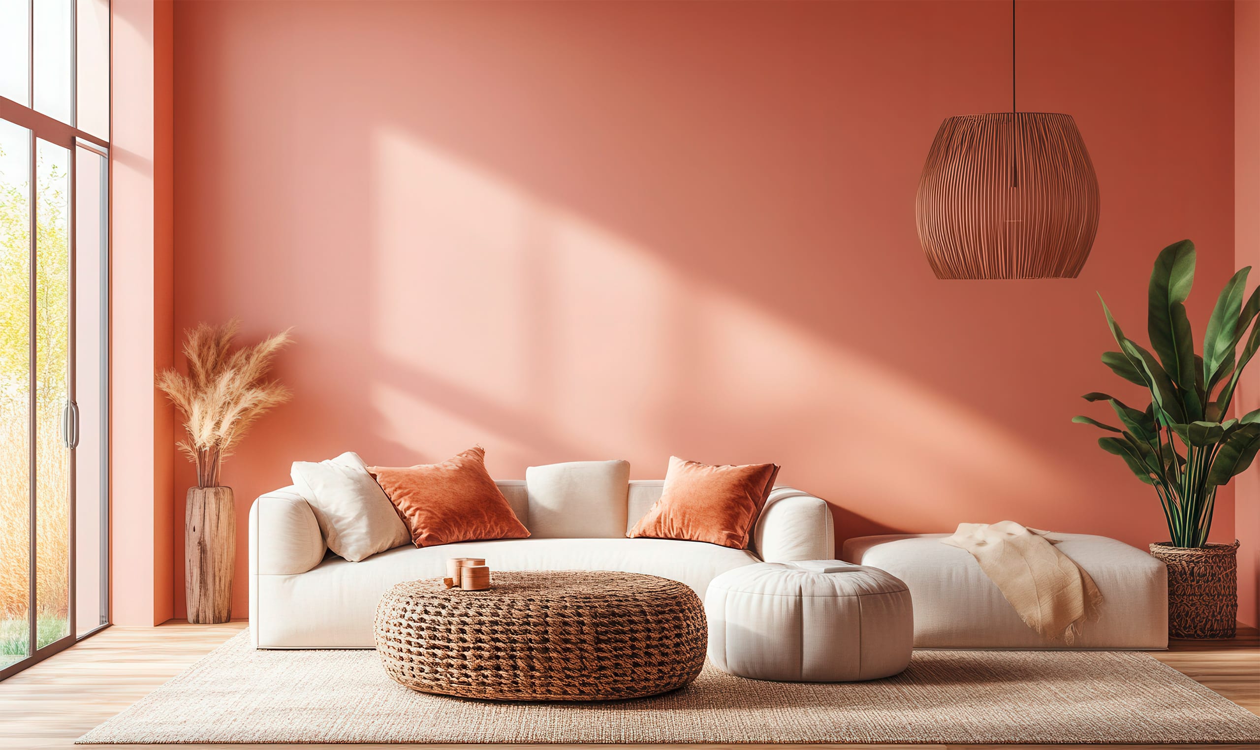 Modernes Wohnzimmerinterieur mit pfirsichfarbenen Wänden und Akzenten, sanftem Licht durch großzügige Glaselemente, einer Deckenleichte ebenfalls in der Raumfarbe und gemütlichen, minimalistischen Möbeln und der Trendfarbe "Pfirsich"des Jahres 2025. - KI-generiert