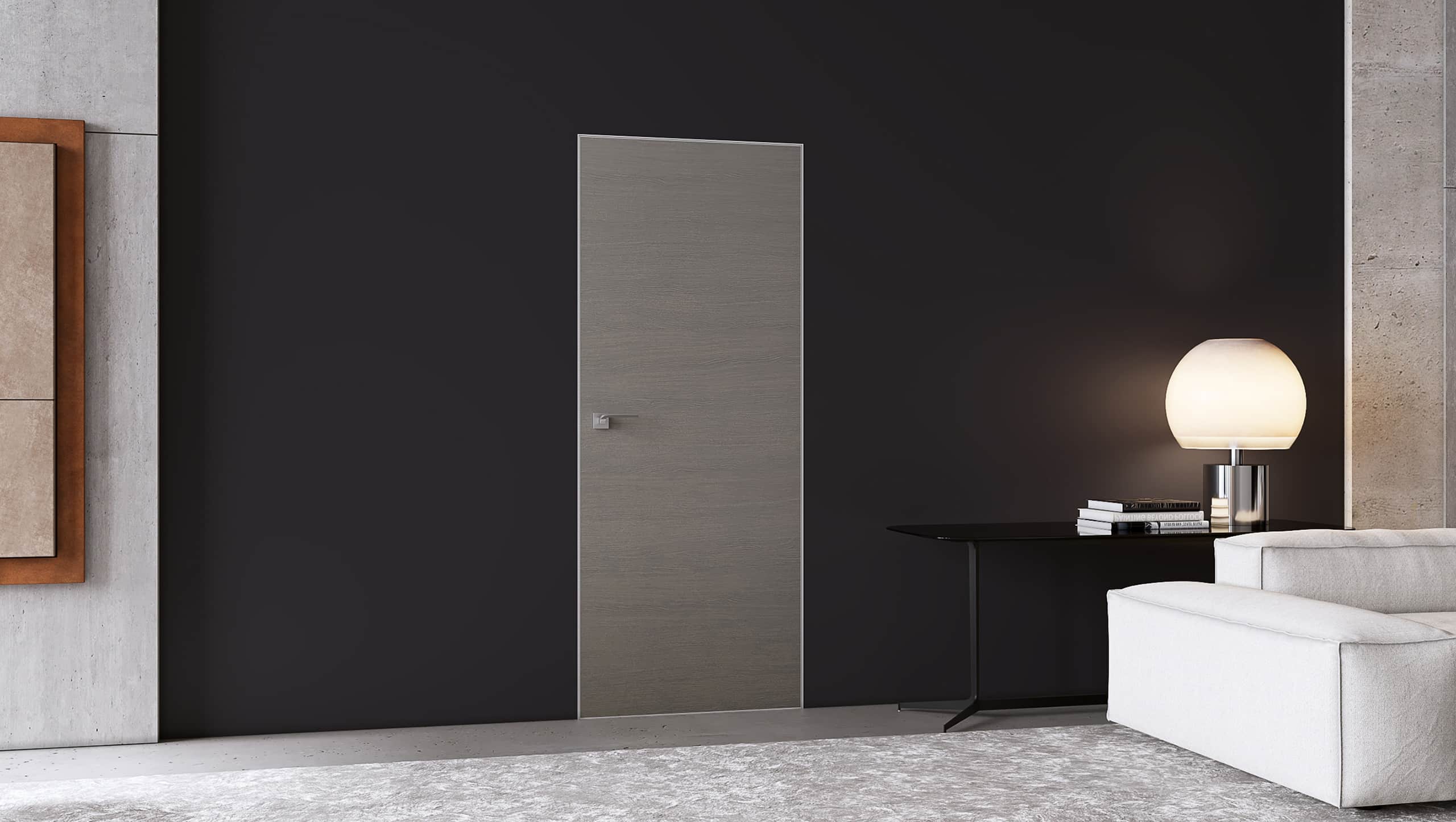Eleganter Wohnraum mit einer wandbündigen Raumtür in grau-meliertem Holz, harmonisch umrahmt von dunkler Wandfarbe in Aubergine.