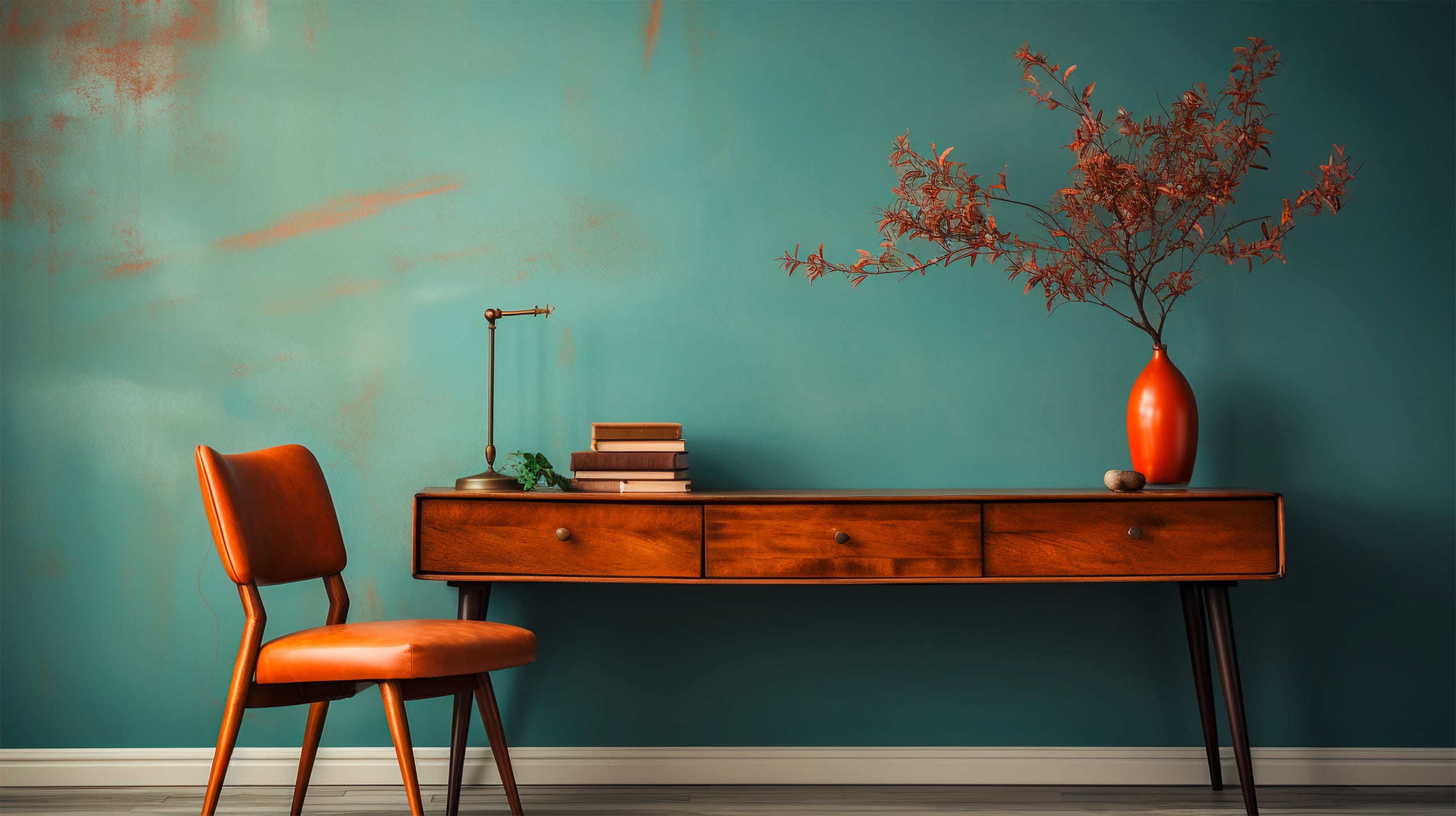 Innenraumgestaltung in typischen Vintage-Farben mit Retro-Elementen, wie einem alten Sideboard aus rotbraunem Holz und einem Lederstuhl in Cognac und alten Wänden mit Spachteltechnik in Petrol bzw. Türkis und Rost. - KI-generiert