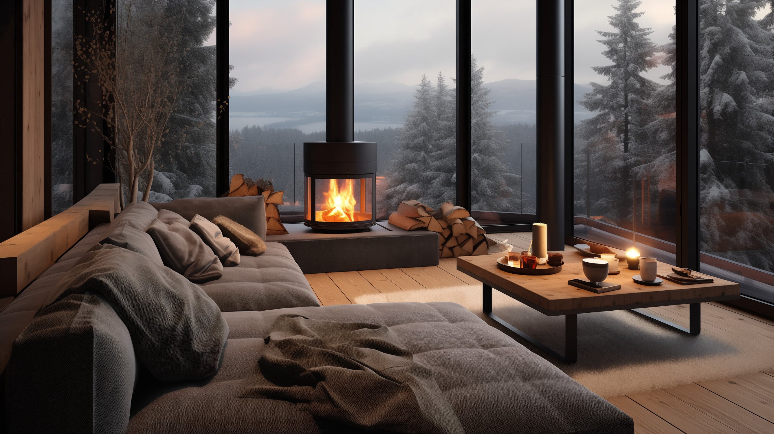 Gemütliche Abendstimmung in einem modernen Luxus Wohnraum mit freihängendem Kamin und loderndem Feuer mit grandiosem Ausblick durch die großen Glasflächen in die Winterlandschaft.