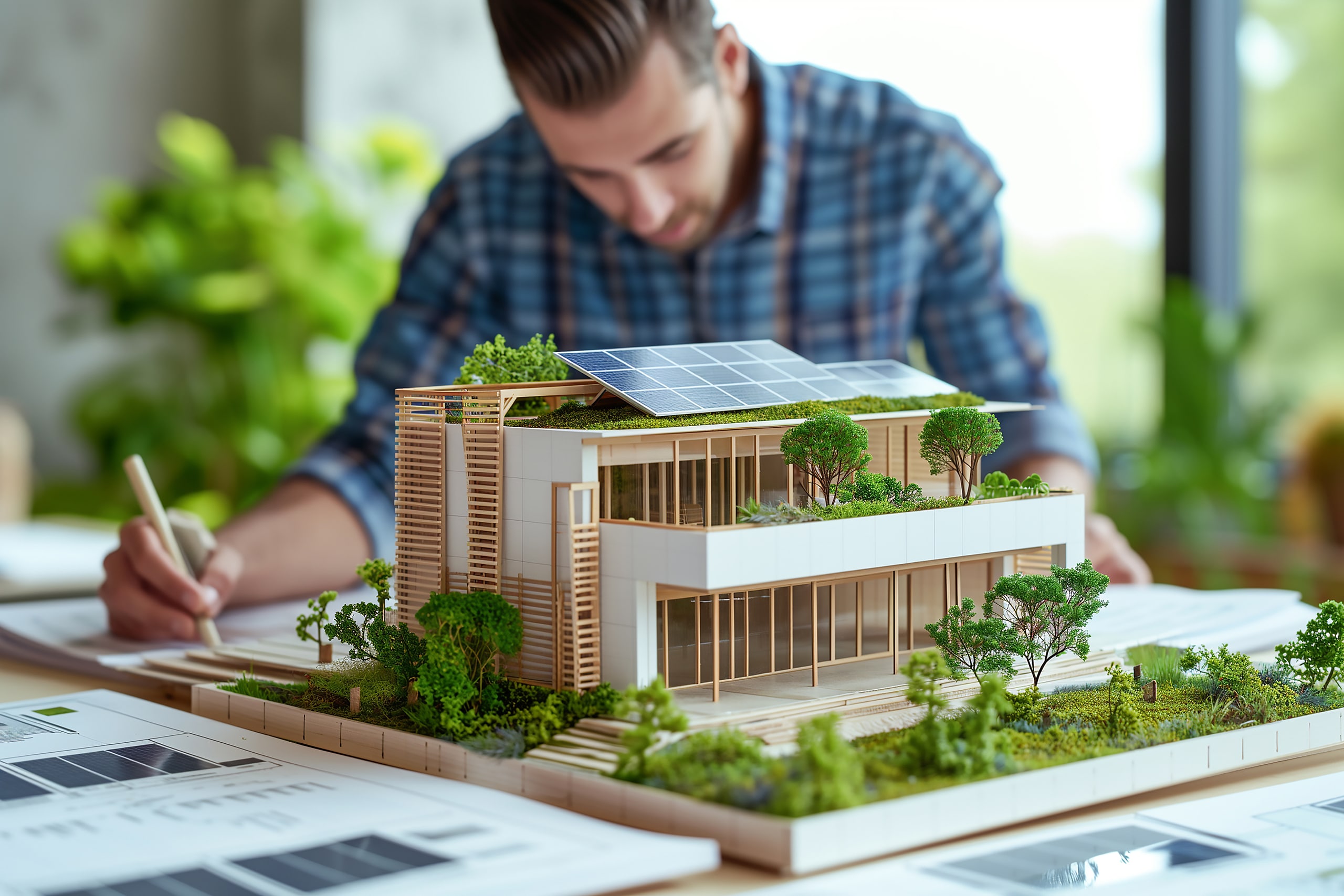 Architektonische Modellierung von Ökohäusern nutzt grüne und umweltfreundliche Energie, nachhaltiges Lebenskonzept.