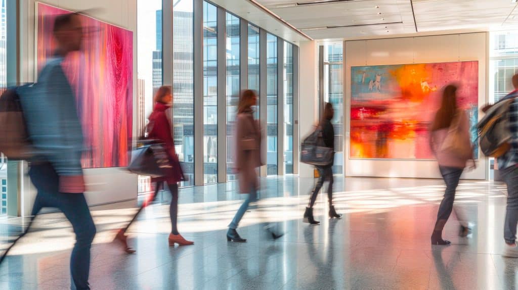 Multikulturelle Besucher einer modernen Messe bzw. Ausstellung gehen an den hohen Glasfassen-Elementen vorbei.