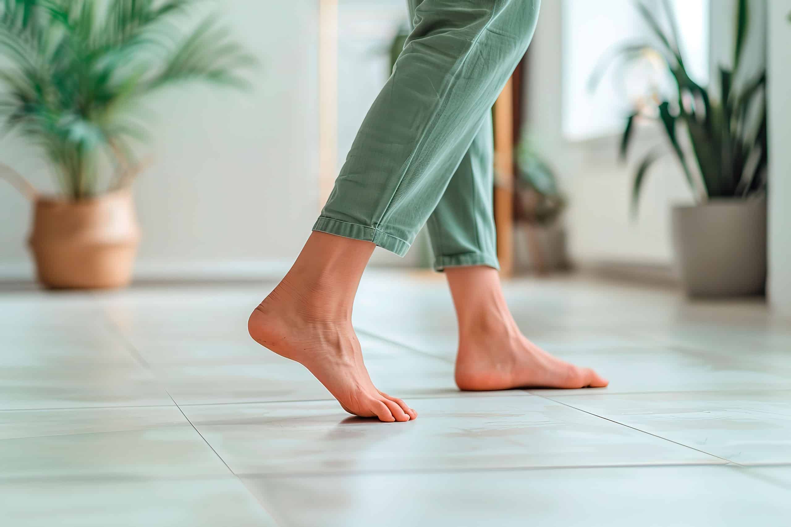 Nahaufnahme von barfuß laufenden Füßen einer jungen Frau auf sauberen Fliesen in ihrer Wohnung. Die junge Frau steht auf einem warmen Boden im Haus, Fußbodenheizung. Frauenbeine im Badezimmer. Fußbodenheizung.