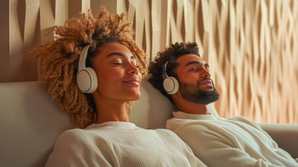 Junges Paar genießt Musik und entspannt sich auf einem Sofa in einem modernen Wohnzimmer mit strukturierten Wänden und gemütlicher Atmosphäre an einem ruhigen Nachmittag.