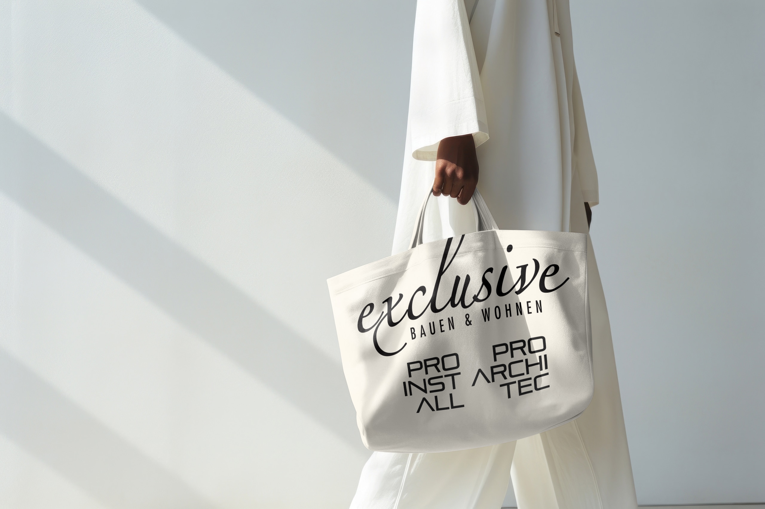 Elegante Frau in weiß gekleidet trägt weiße Stofftasche mit den Logo-Aufdrucken von exclusive Bauen & Wohnen, pro ArchiTec und pro InstAll.
