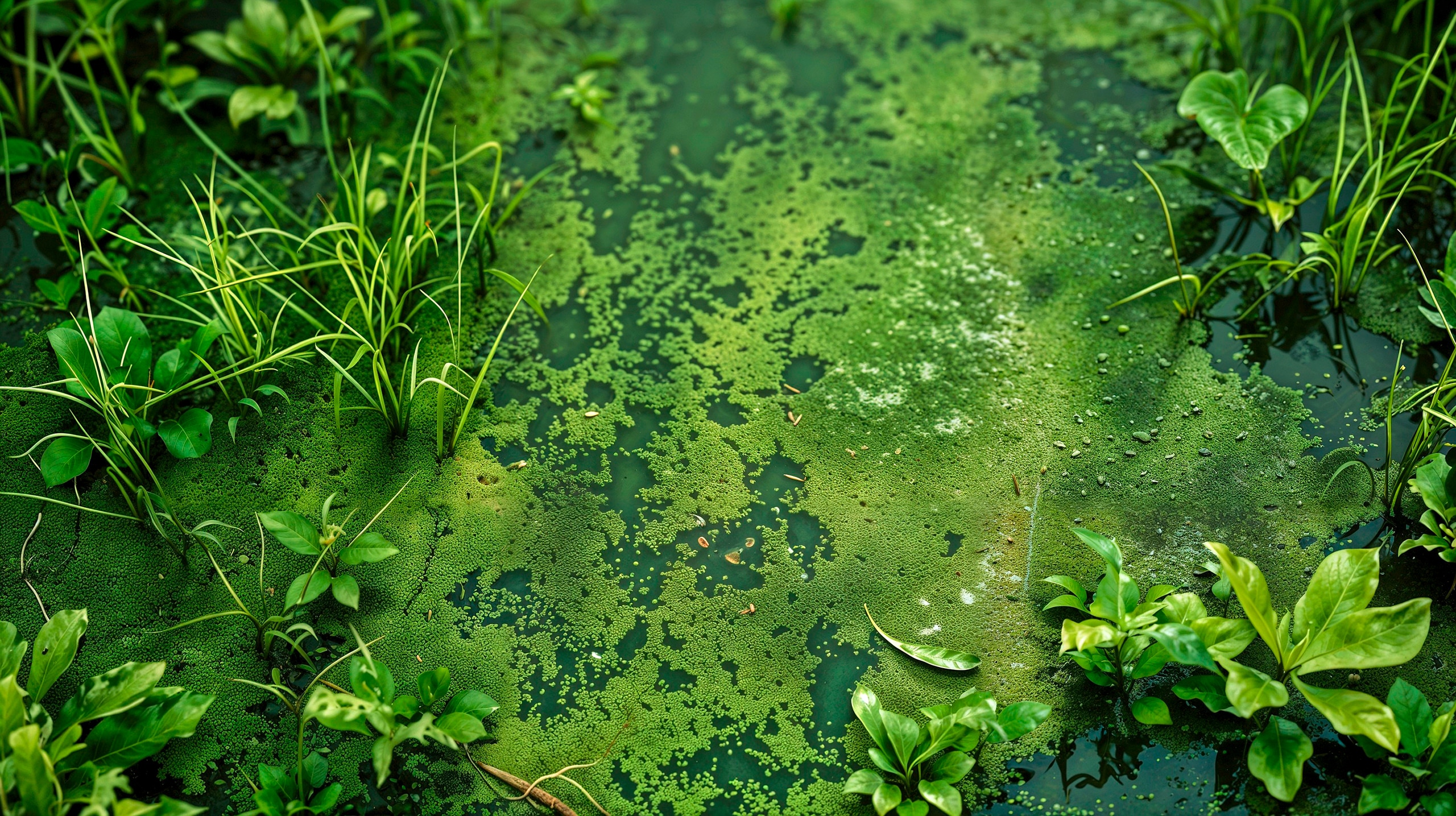 Lebendiges Teichökosystem mit smaragdgrünen Wasserlinsen und Wasserpflanzen, die ruhiges Wasser umgeben. Verschiedene grüne Blätter wachsen aus der Oberfläche und schaffen einen üppigen Feuchtbiotop mit reicher Artenvielfalt