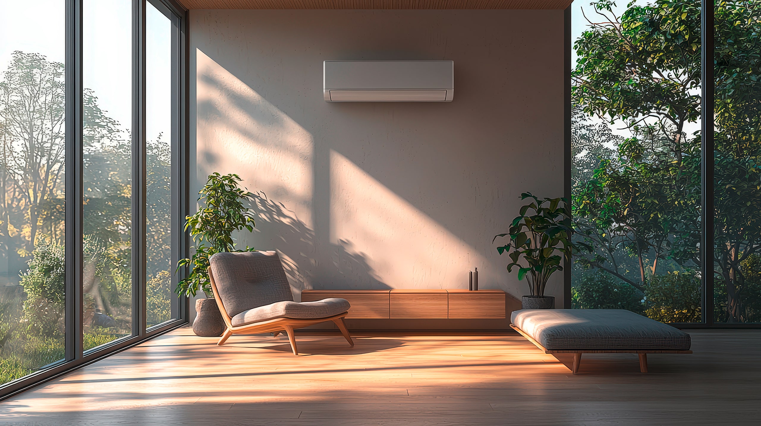 An der Wand installiertes Klimagerät in einem modernen Wohnraum mit schlicht-eleganten Möbeln aus Holz und Stoffbespannung aus Naturtextil.
