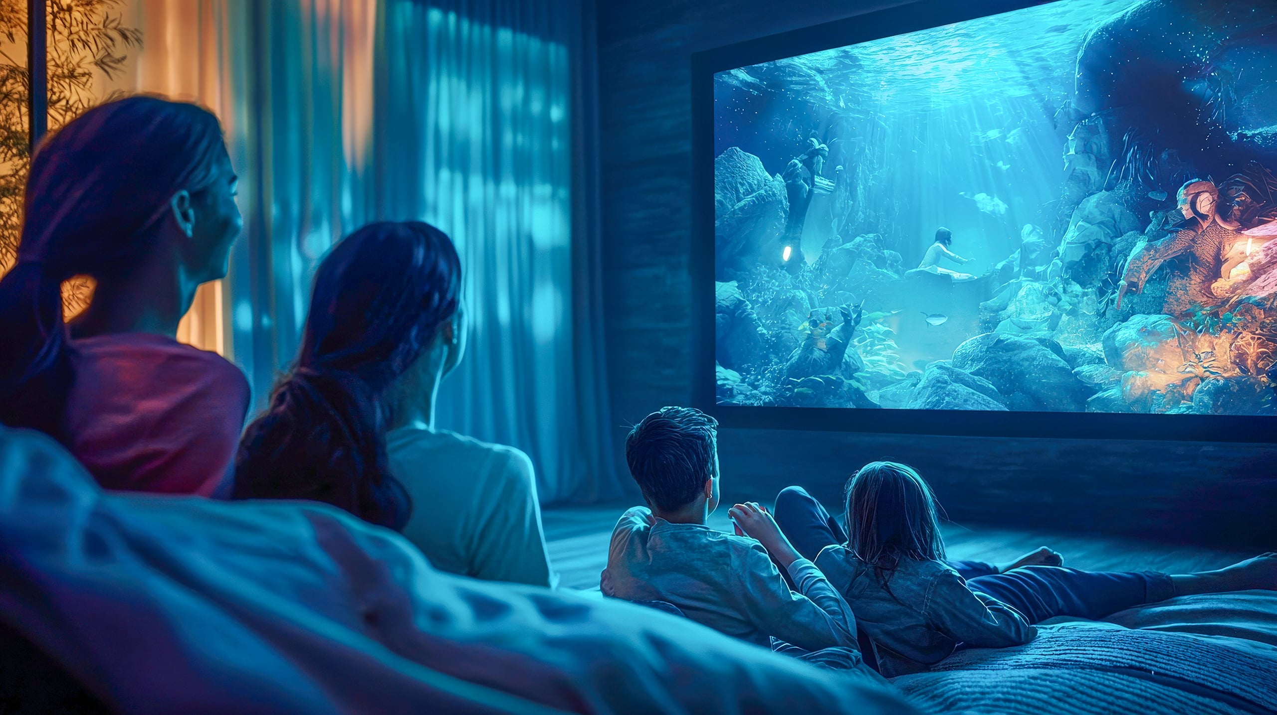 Eine Familie genießt ein interaktives Smart-Heimkino mit immersiven Lichteffekten und beeindruckender Bildqualität am großformatigen Bildschirm.