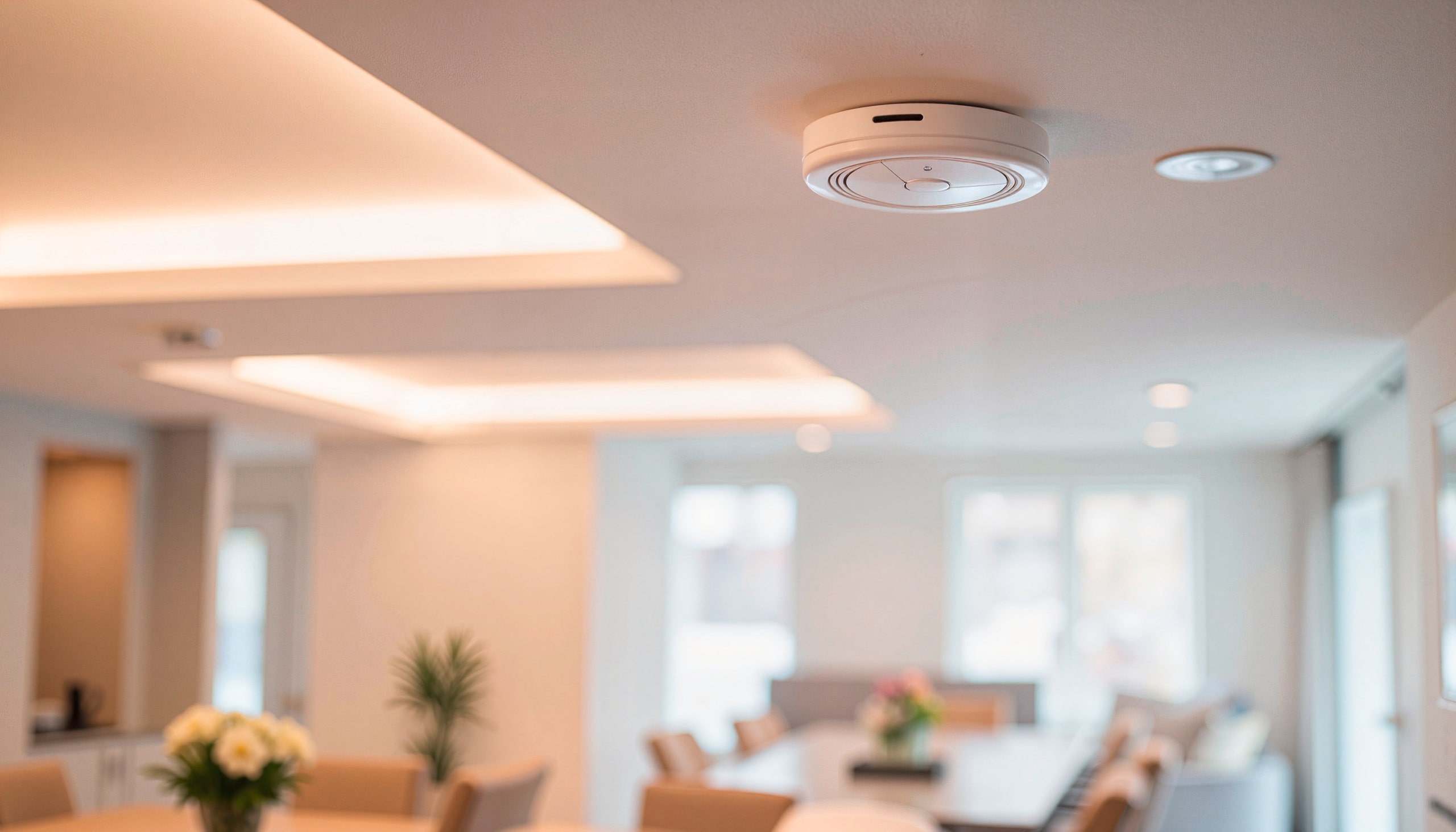 Intelligenter Rauchmelder mit neuester Smart Home-Technologie an der Decke eines modernen Hauses montiert.