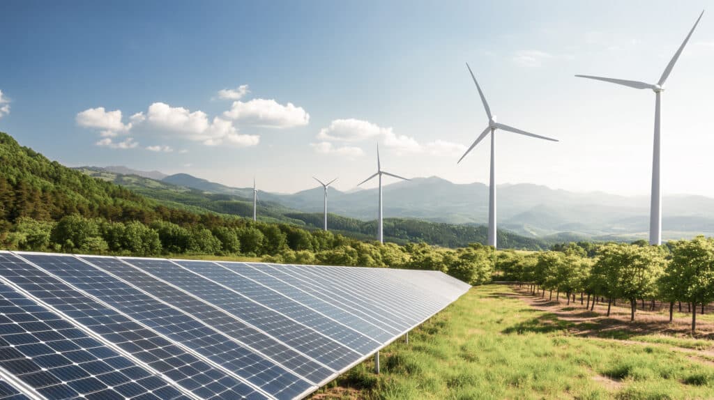 Solarmodule und Windturbinen in einer unverbauten Landschaft als erneuerbare Energiequellen.