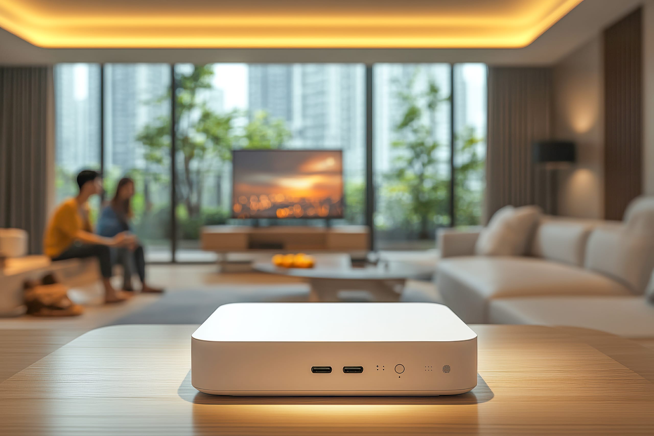 Modernes Wohnzimmer mit stilvollem Multimedia-Gerät und entspanntes Paar genießt einen Filmabend inmitten eleganter Einrichtung.