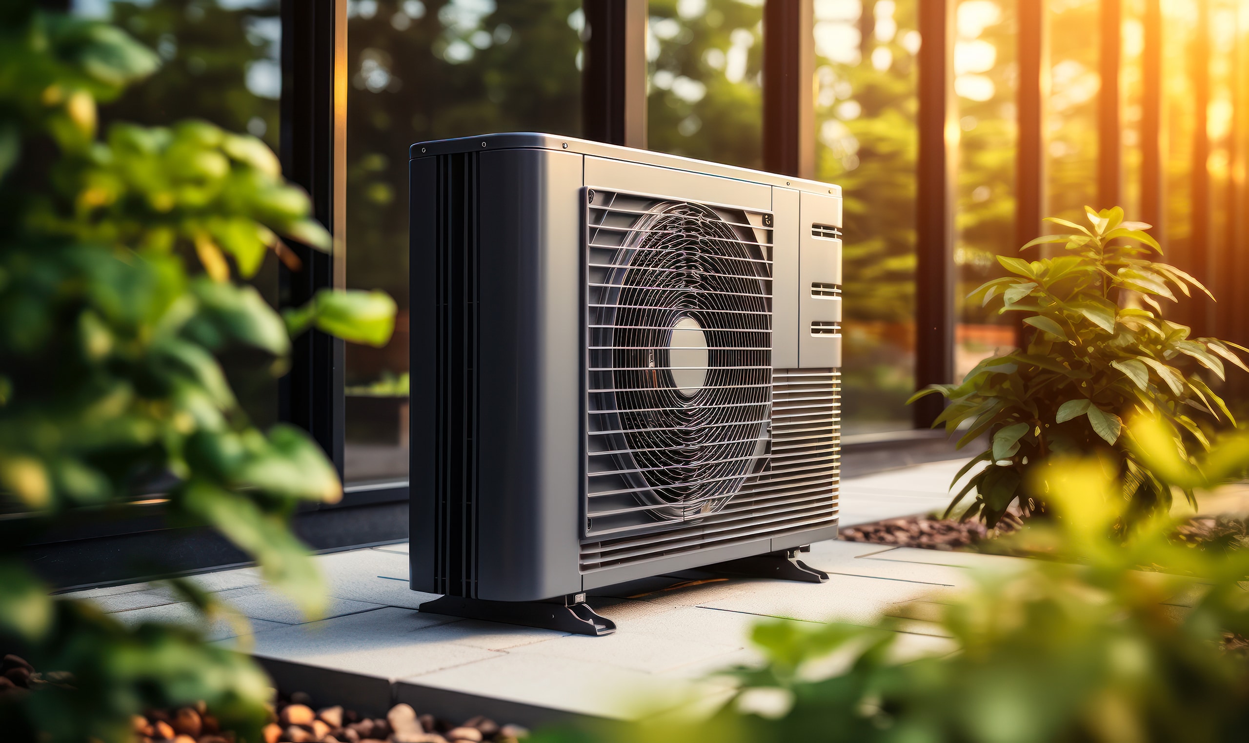 Moderne Wärmepumpe in Anthrazit außerhalb des modernen Hauses mit sonnigem Garten.
