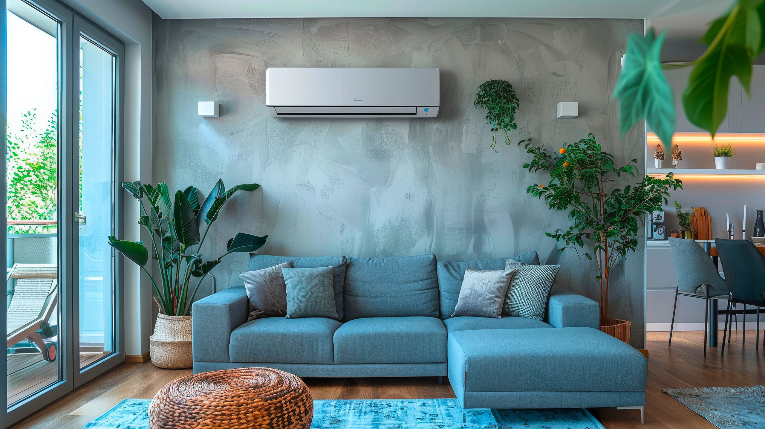 Modernes Wohnzimmer mit Splitgerät einer Klimaanlage an der Wand installiert.