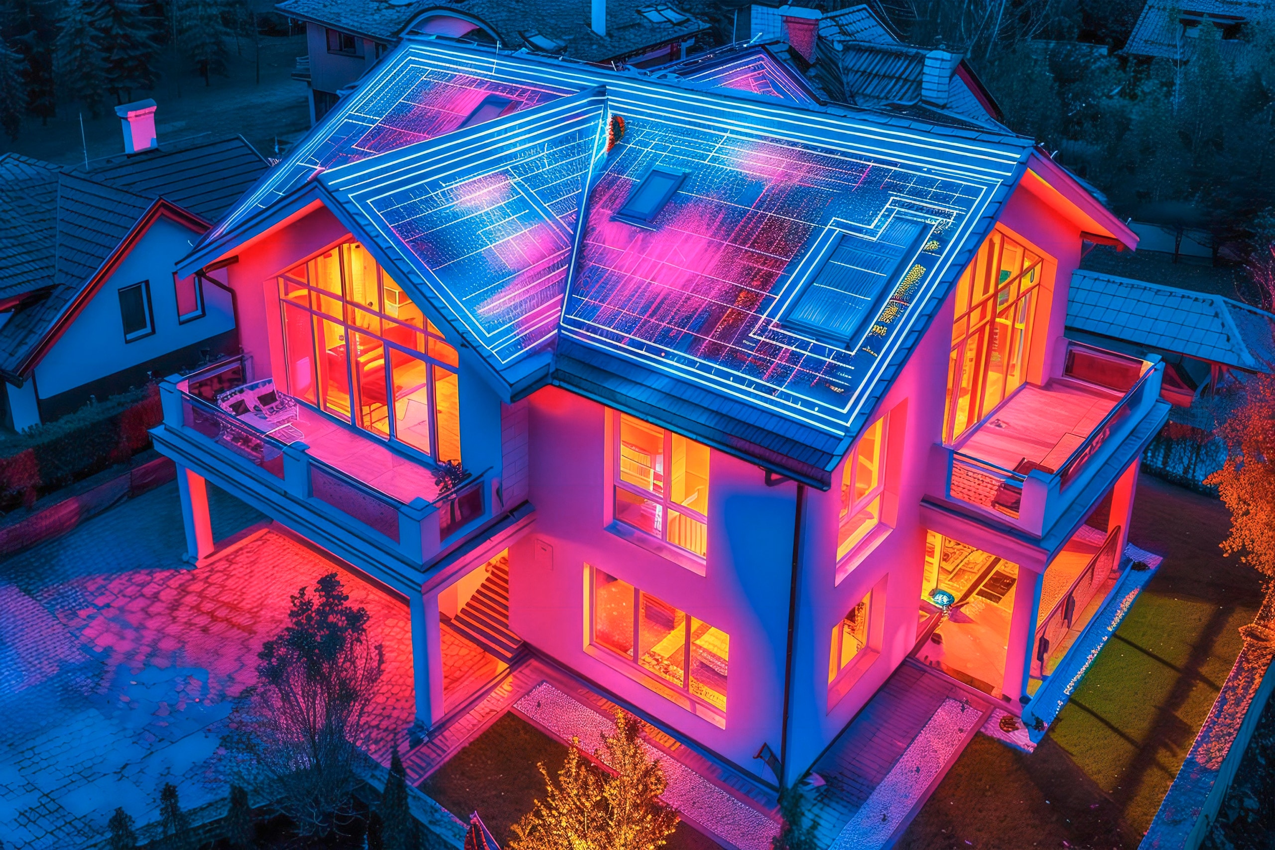 Faszinierende Luftaufnahme eines farbenfrohen Hauses, die die Bedeutung der Isolierung durch Wärmemuster und Wärmethermografie hervorhebt.