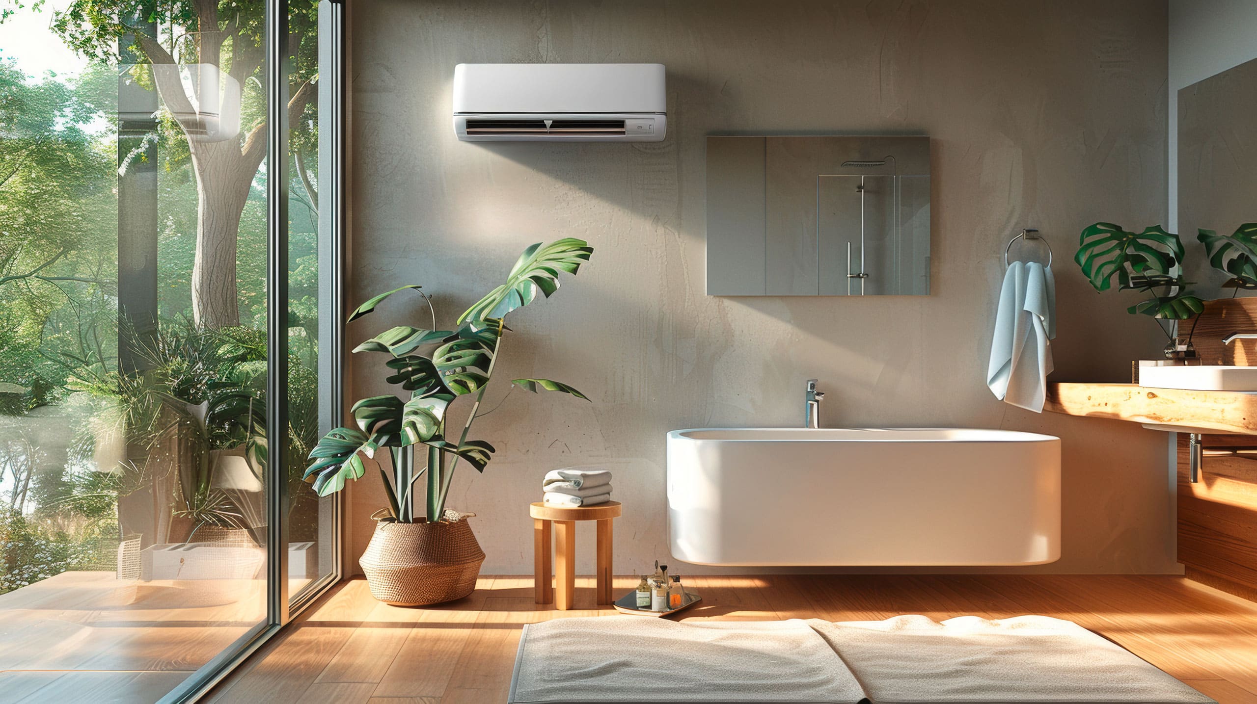 Hausrenovierung, modernes Badezimmerdesign mit einer dezent integrierten Klimaanlage, die an heißen Sommertagen eine kühle Oase der Erfrischung bietet.